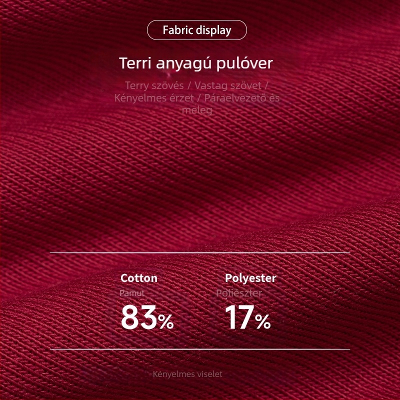 Női kapucnis sportos szett, álló gallér, hosszú ujjú, terry anyagú, 83% pamut, 17% poliészter, mindennapi fitness ruházat