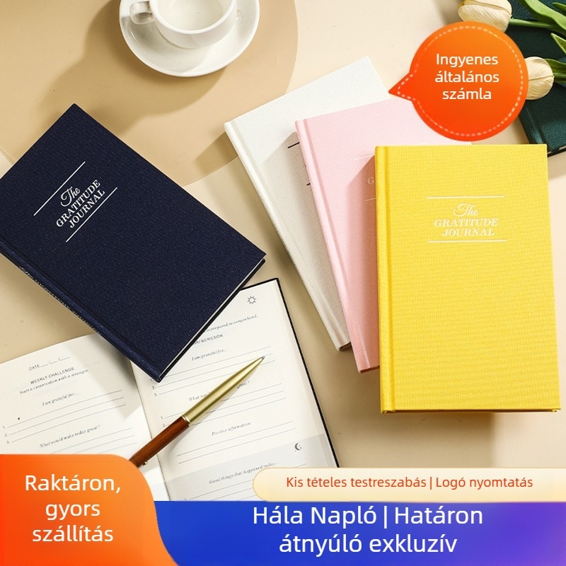 Hála-napló textilborítású, öngondoskodás céljára, angol nyelvű jegyzet Dowling papíron