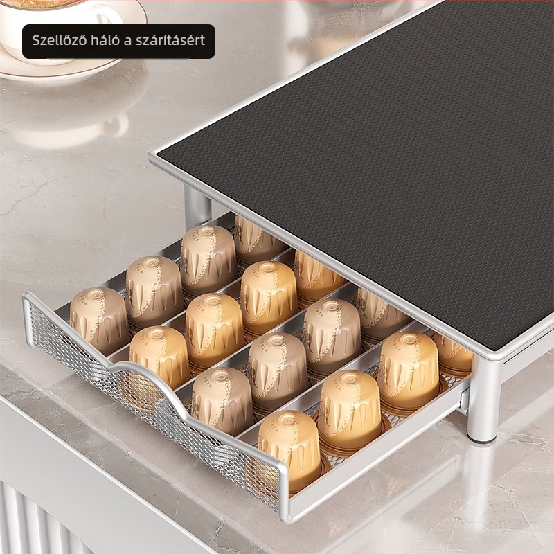 Love to pick up home Fiókos típusú konyhai tároló karbonsztálból Nespresso kapszula dobozokhoz – 1 szint, asztali telepítés, 6 dobozos készlet