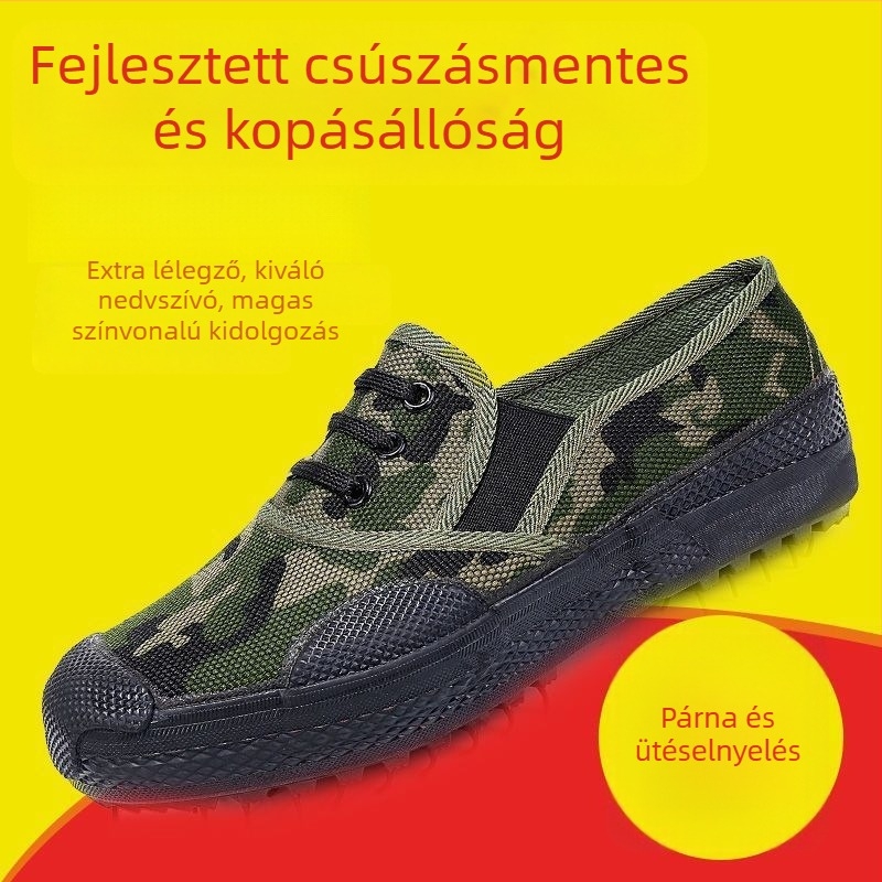 Unisex túrabakancs, alacsony profilú, katonai stílus, felső rész: szintetikus bőr, csúszásmentes gumitalp, középtalp: gumi
