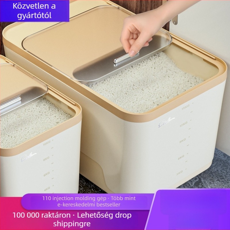 Rizs tároló doboz — zárt, nedvességálló, rovarbiztos; anyag: PP műanyag; márka: Ouyuke; modern minimalista design