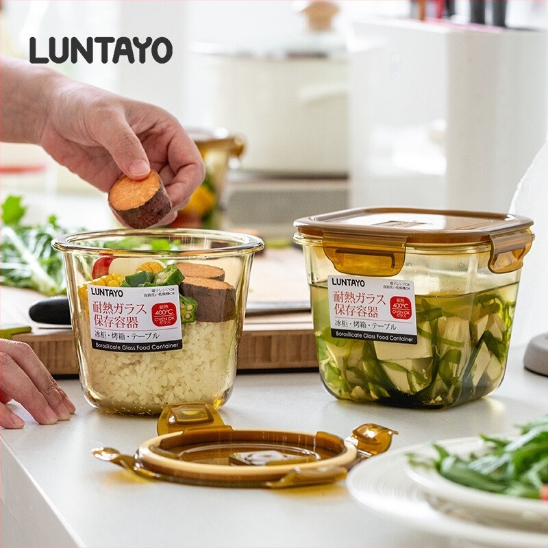 Luntayo üveg tárolóedény, mikróhőálló, magas boroszilát üveg, négyzet alakú, zárható, 800–1000 ml