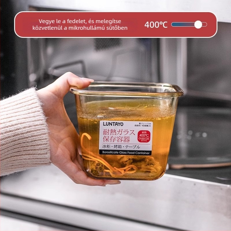Luntayo üveg tárolóedény, mikróhőálló, magas boroszilát üveg, négyzet alakú, zárható, 800–1000 ml