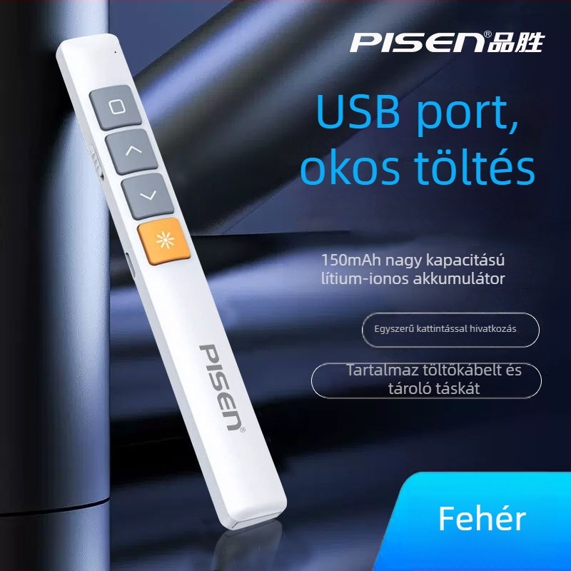 Pinsheng irodai lézeres oldalfordító toll; PPT távirányító toll, többfunkciós; anyag: műanyag + szilikon + fém; termékkód: 660500070003; logó nyomtatás lehetséges; testreszabás elérhető.