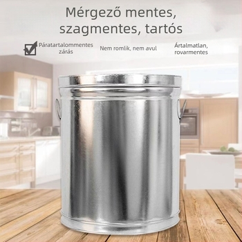 Rizstároló edény légmentesen záródó, nedvességálló és rovarriasztó hatású; fém test PVC béléssel; kapacitás 4 L alatt; egyszerű stílus
