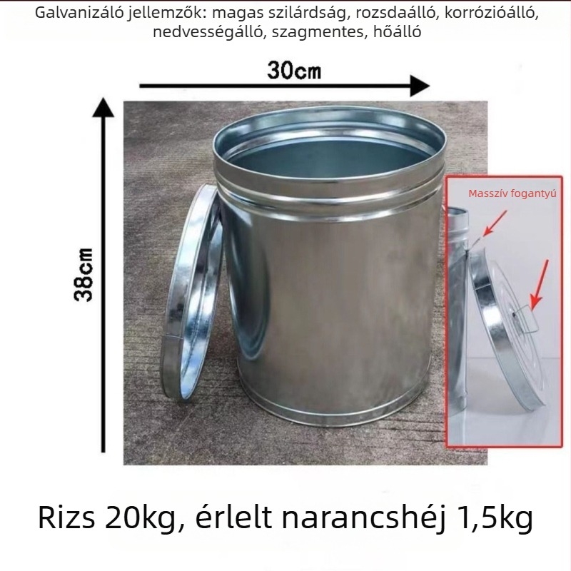 Rizstároló edény légmentesen záródó, nedvességálló és rovarriasztó hatású; fém test PVC béléssel; kapacitás 4 L alatt; egyszerű stílus