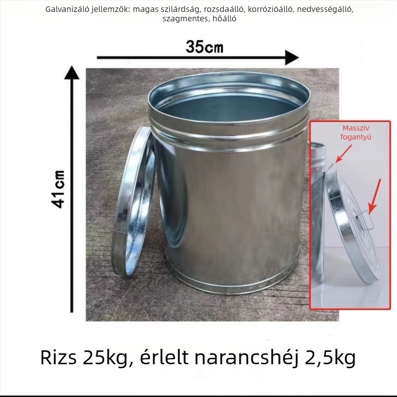 Rizstároló edény légmentesen záródó, nedvességálló és rovarriasztó hatású; fém test PVC béléssel; kapacitás 4 L alatt; egyszerű stílus