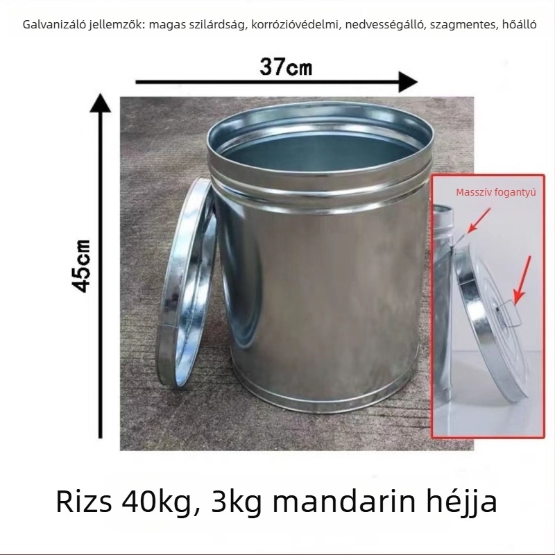 Rizstároló edény légmentesen záródó, nedvességálló és rovarriasztó hatású; fém test PVC béléssel; kapacitás 4 L alatt; egyszerű stílus