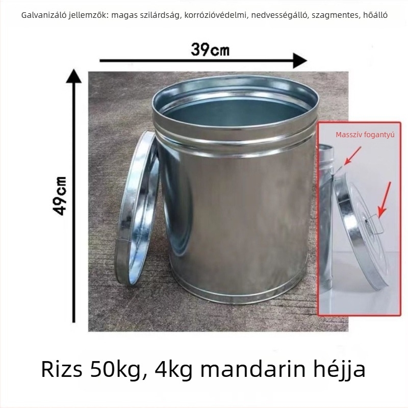 Rizstároló edény légmentesen záródó, nedvességálló és rovarriasztó hatású; fém test PVC béléssel; kapacitás 4 L alatt; egyszerű stílus