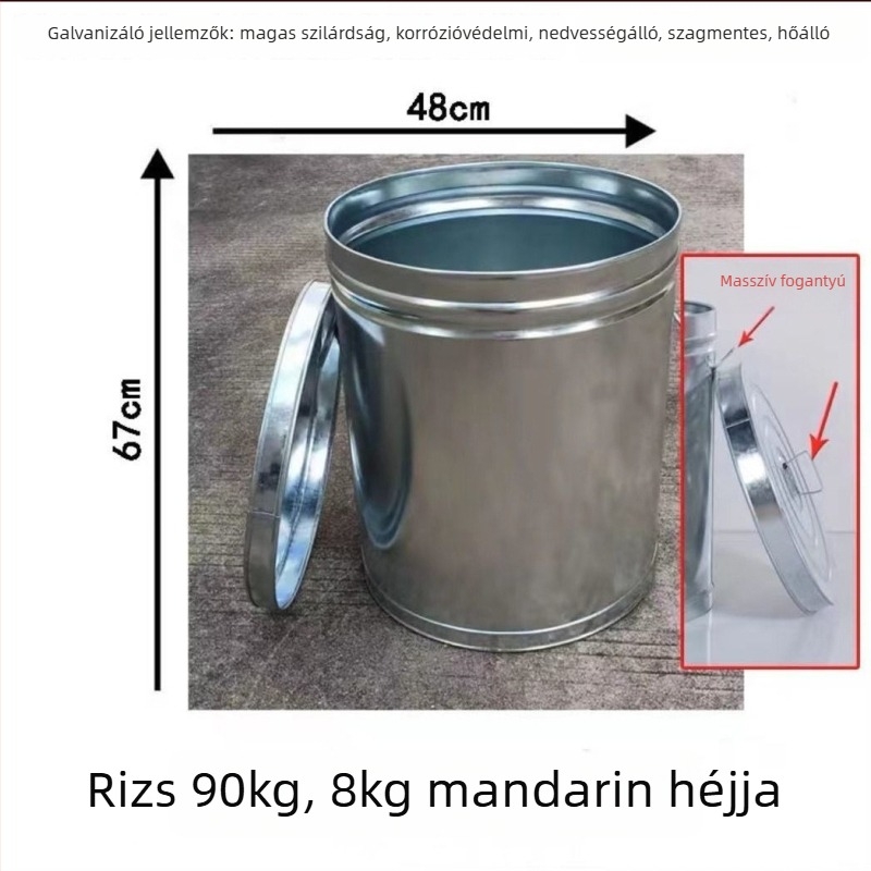 Rizstároló edény légmentesen záródó, nedvességálló és rovarriasztó hatású; fém test PVC béléssel; kapacitás 4 L alatt; egyszerű stílus