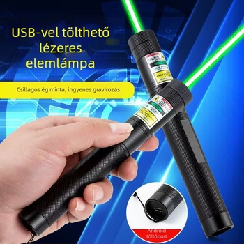 10W-os lézerlámpa, USB-töltéses, alumíniumötvözetből készült test, 1200 mAh akkumulátor, hatótávolság 200–500 m