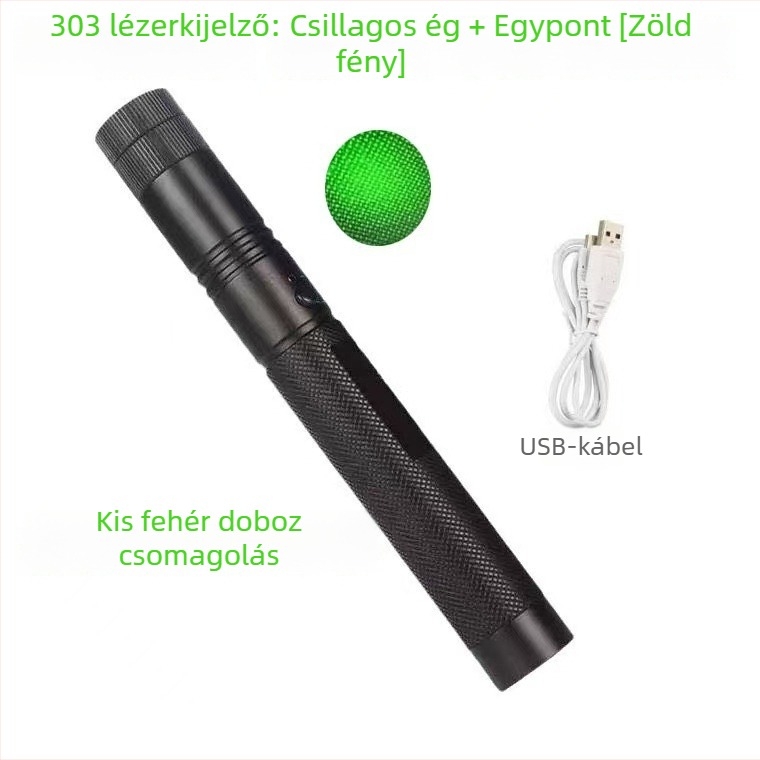 10W-os lézerlámpa, USB-töltéses, alumíniumötvözetből készült test, 1200 mAh akkumulátor, hatótávolság 200–500 m