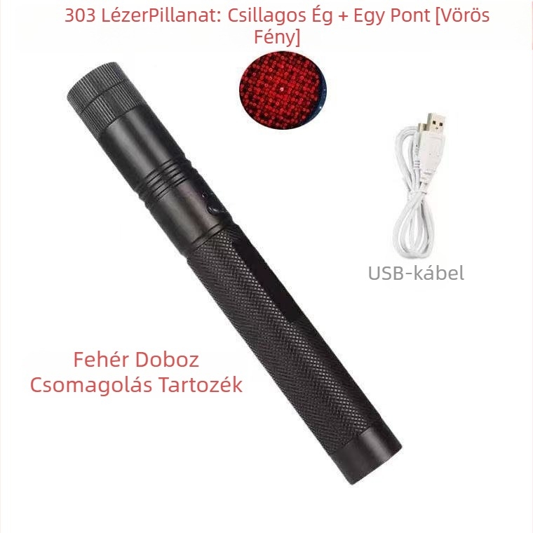 10W-os lézerlámpa, USB-töltéses, alumíniumötvözetből készült test, 1200 mAh akkumulátor, hatótávolság 200–500 m