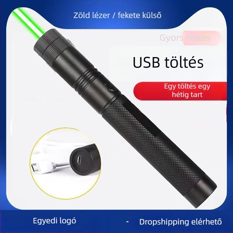 10W-os lézerlámpa, USB-töltéses, alumíniumötvözetből készült test, 1200 mAh akkumulátor, hatótávolság 200–500 m