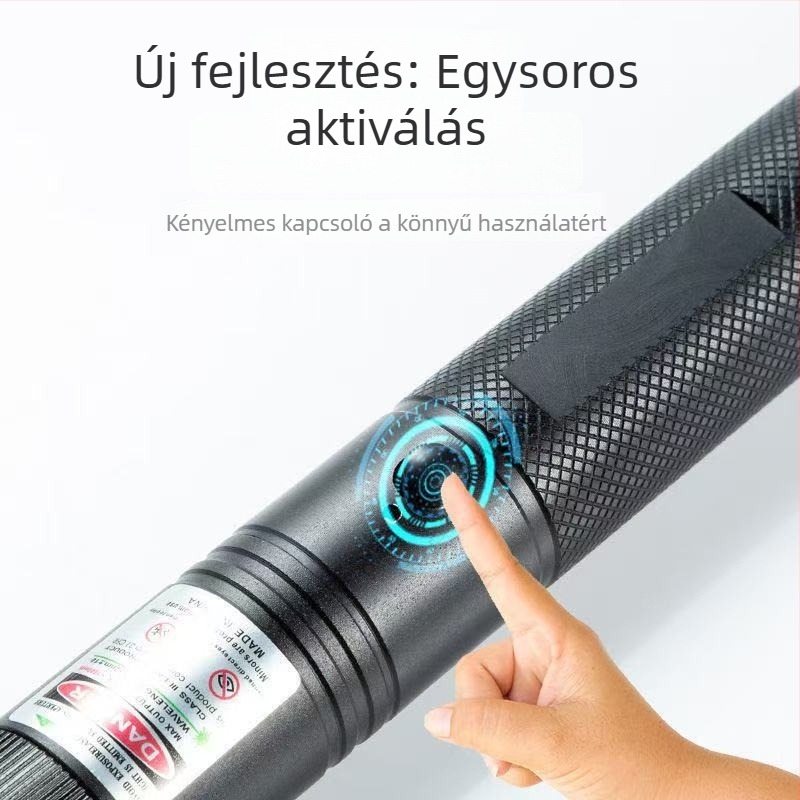 10W-os lézerlámpa, USB-töltéses, alumíniumötvözetből készült test, 1200 mAh akkumulátor, hatótávolság 200–500 m