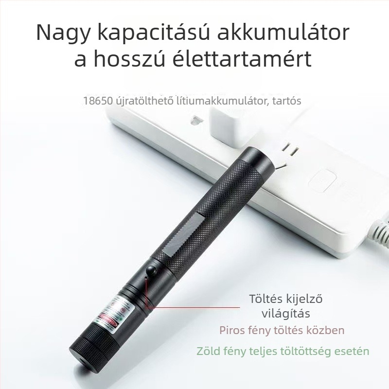 10W-os lézerlámpa, USB-töltéses, alumíniumötvözetből készült test, 1200 mAh akkumulátor, hatótávolság 200–500 m