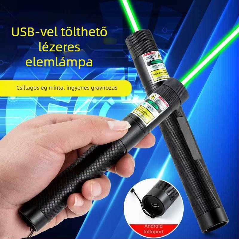 10W-os lézerlámpa, USB-töltéses, alumíniumötvözetből készült test, 1200 mAh akkumulátor, hatótávolság 200–500 m