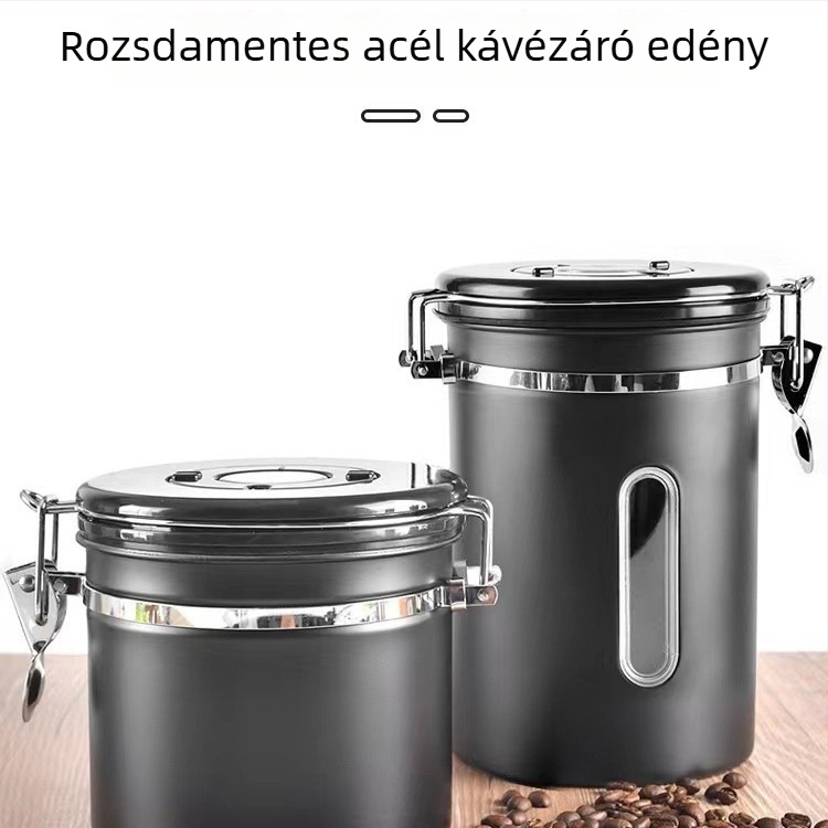 304 rozsdamentes acélból készült, zárt kávébab tároló egyirányú szellőzővel, kávépor, tejpor, aszalt gyümölcs és tealevelek tárolására