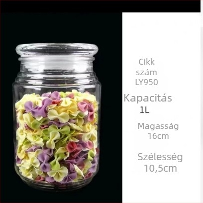 Zárható üveg tárolóedény oktogonális formával, 300 ml alatti kapacitás, mikrohullámú sütőben használható, száraz gyümölcsök és édességek tárolására