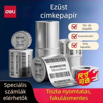 Deli ezüst címke papírrull, matt ezüst, vízálló és olajálló, téphető, nyomtatható és kézírásos használatra, méretek: 50x30, 60x40 és 80 címke