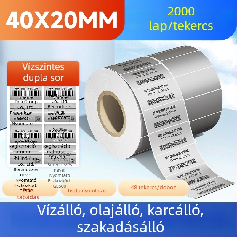 Deli ezüst címke papírrull, matt ezüst, vízálló és olajálló, téphető, nyomtatható és kézírásos használatra, méretek: 50x30, 60x40 és 80 címke