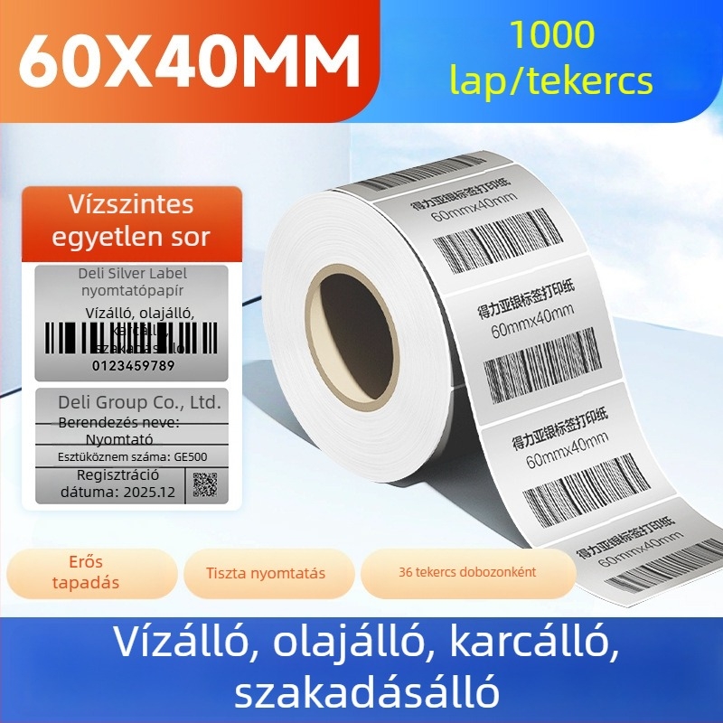 Deli ezüst címke papírrull, matt ezüst, vízálló és olajálló, téphető, nyomtatható és kézírásos használatra, méretek: 50x30, 60x40 és 80 címke