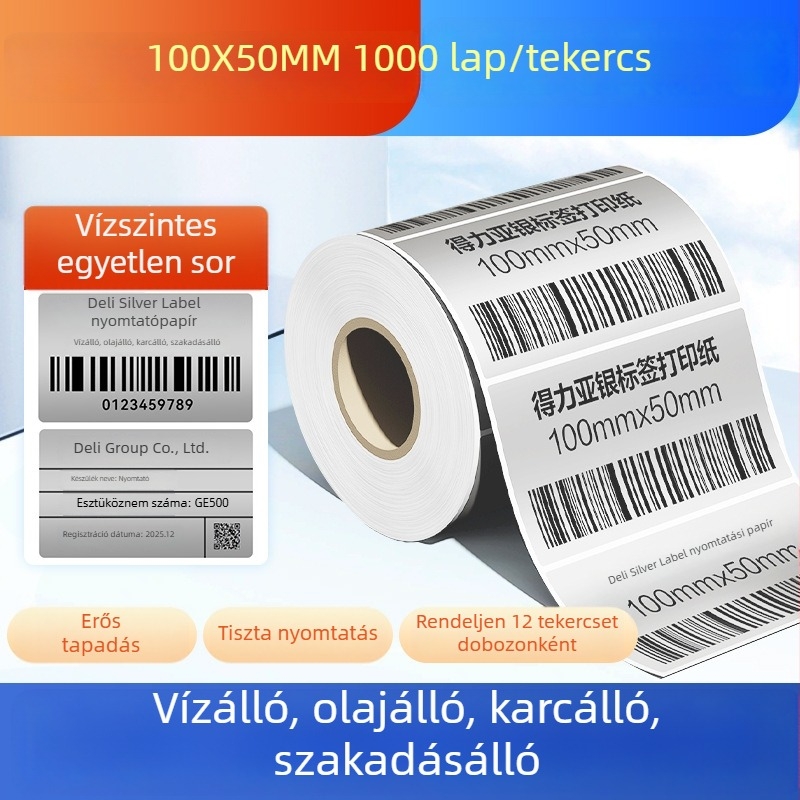 Deli ezüst címke papírrull, matt ezüst, vízálló és olajálló, téphető, nyomtatható és kézírásos használatra, méretek: 50x30, 60x40 és 80 címke