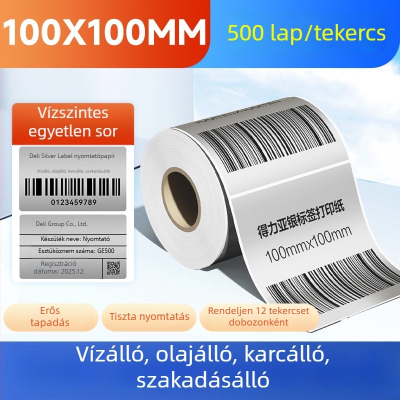 Deli ezüst címke papírrull, matt ezüst, vízálló és olajálló, téphető, nyomtatható és kézírásos használatra, méretek: 50x30, 60x40 és 80 címke