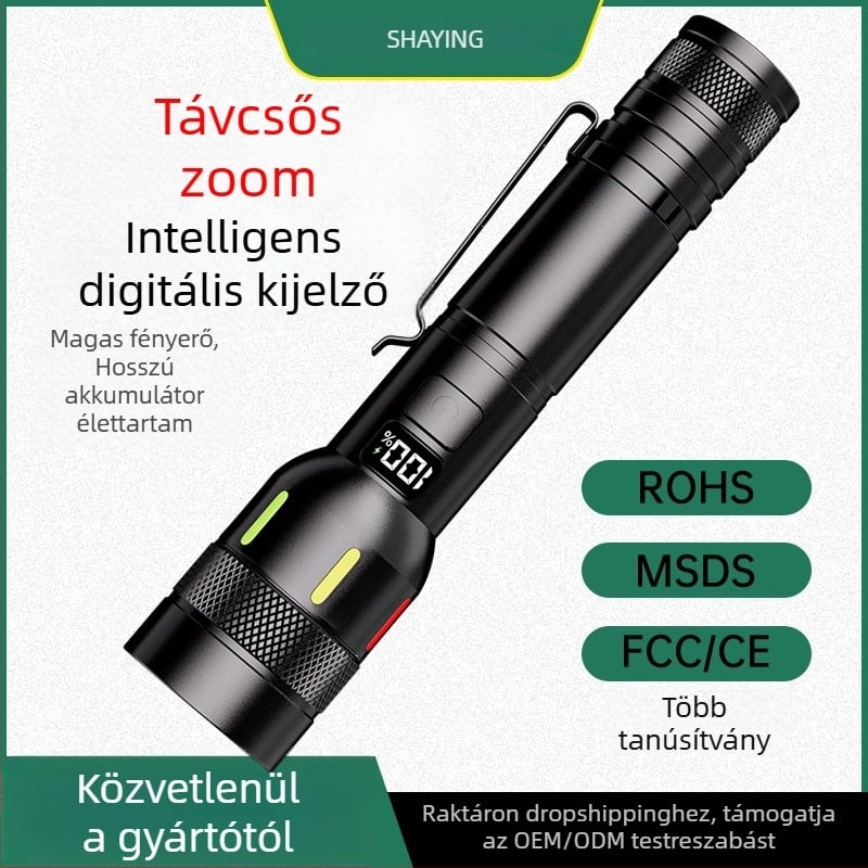 LED zseblámpa tollclipppel, kültéri és vészhelyzetekre, kézi töltés, digitális kijelző, 15W, 2000mAh, optikai zoom