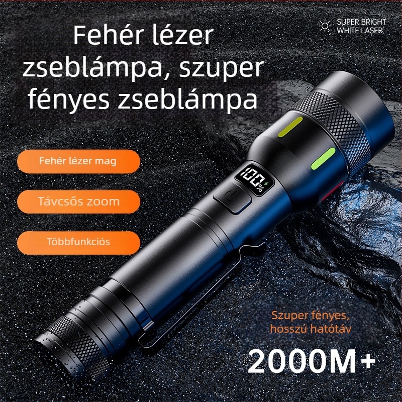 LED zseblámpa tollclipppel, kültéri és vészhelyzetekre, kézi töltés, digitális kijelző, 15W, 2000mAh, optikai zoom