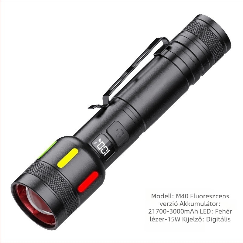 LED zseblámpa tollclipppel, kültéri és vészhelyzetekre, kézi töltés, digitális kijelző, 15W, 2000mAh, optikai zoom