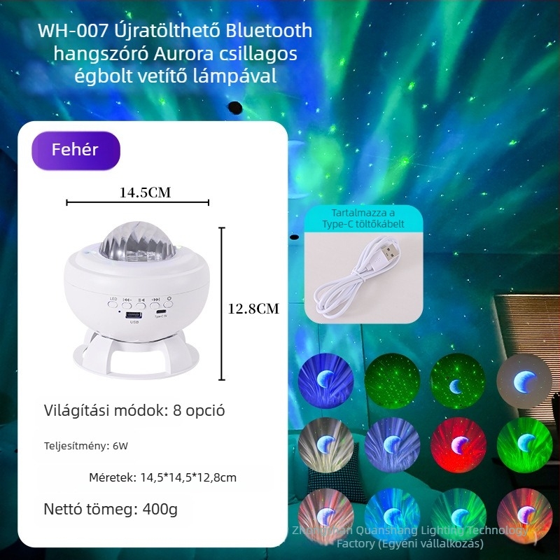 Északi fény csillagos ég projektor, lézeres effekt, holdfény, Bluetooth hangszóró, újratölthető verzió