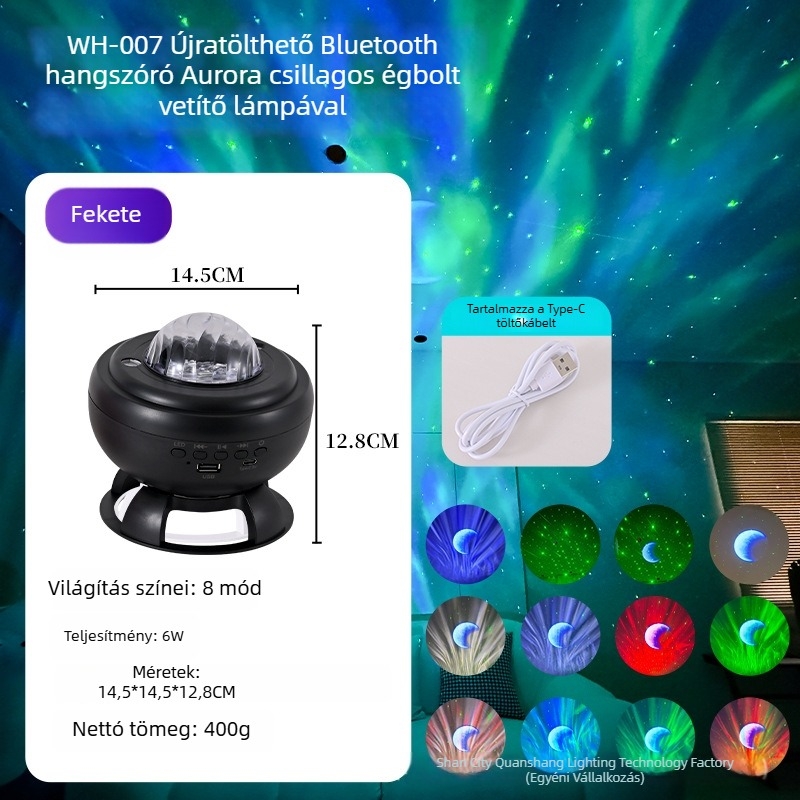 Északi fény csillagos ég projektor, lézeres effekt, holdfény, Bluetooth hangszóró, újratölthető verzió