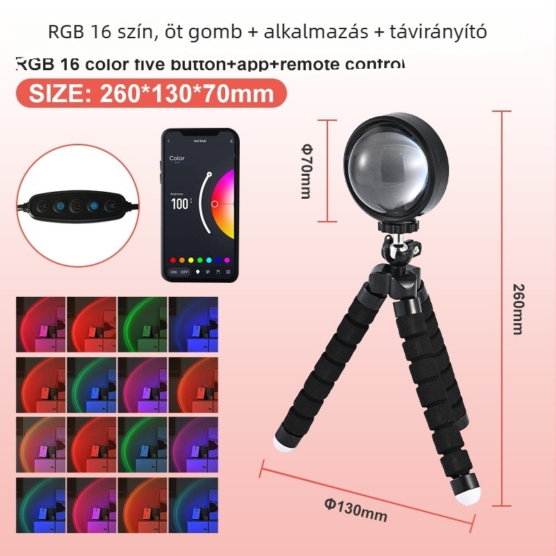 Naplemente hangulatú lámpa fényképezéshez – USB táplálás, Bluetooth, APP-vezérlés és távirányító, padlóra vagy asztalra helyezhető