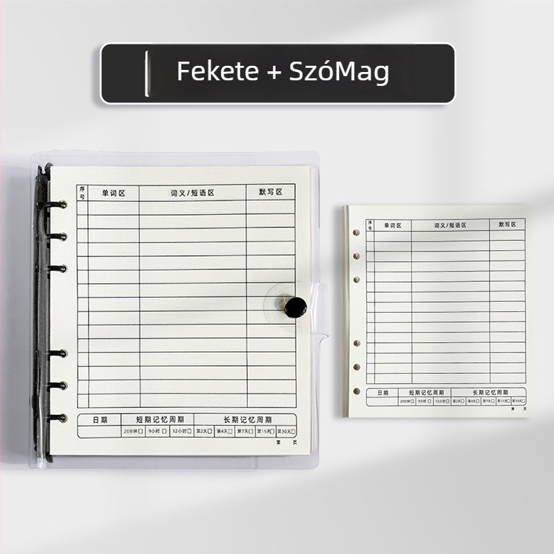 Átlátszó PVC borítóval ellátott szótárfüzet, 6 lyukas kötés, laza lapokkal, 80 g/m² papír, 100–200 oldal