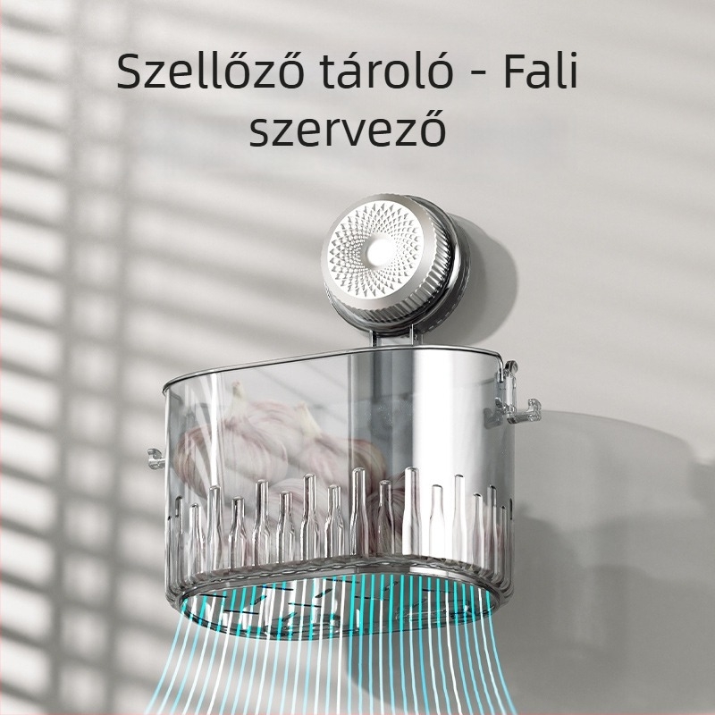 Falihoz szerelhető konyhai tároló hagymához, gyömbérhez és fokhagymához - többfunkciós, műanyag, téglalap alakú dizájn