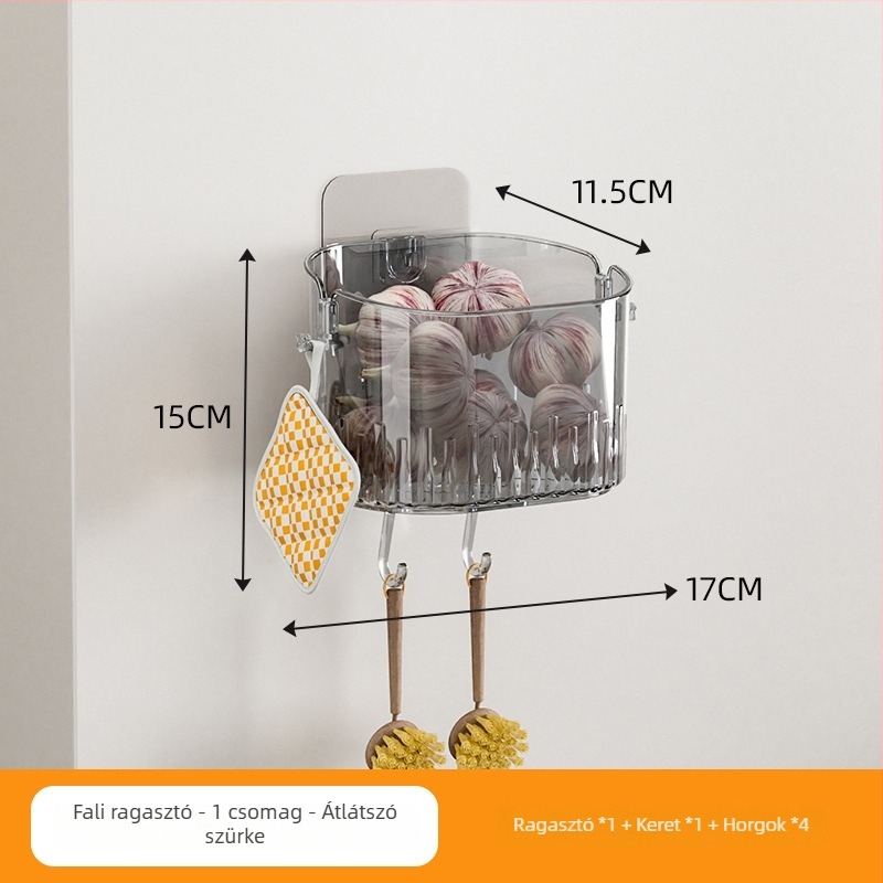 Falihoz szerelhető konyhai tároló hagymához, gyömbérhez és fokhagymához - többfunkciós, műanyag, téglalap alakú dizájn