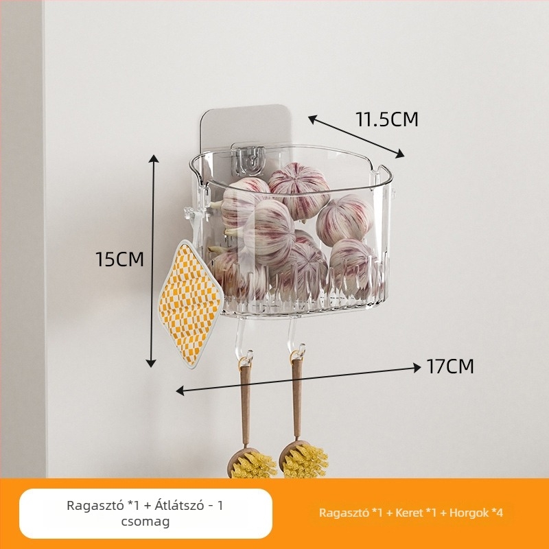 Falihoz szerelhető konyhai tároló hagymához, gyömbérhez és fokhagymához - többfunkciós, műanyag, téglalap alakú dizájn