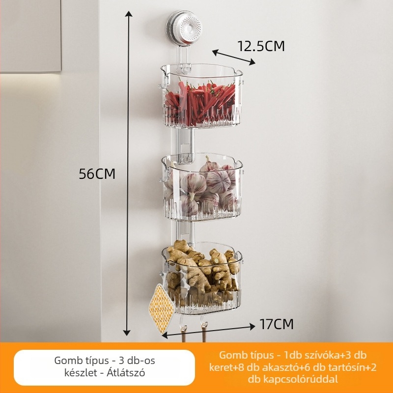 Falihoz szerelhető konyhai tároló hagymához, gyömbérhez és fokhagymához - többfunkciós, műanyag, téglalap alakú dizájn