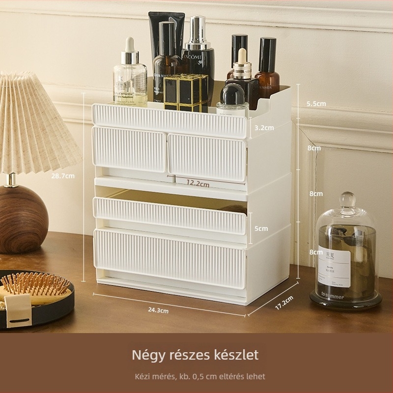 Zela kozmetikai tároló – asztali, több szintű műanyag tartó a bőrápolás és a rúzs tárolására, modern minimalist stílus, testreszabás elérhető