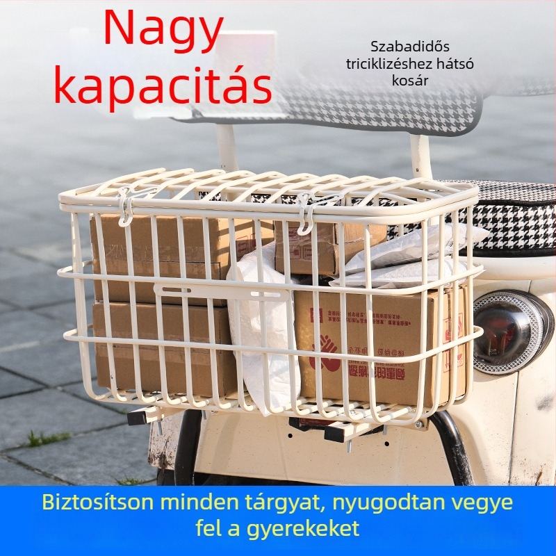 Megváltoztatott univerzális felépítésű elektromos tricikli hátsó kosara, fedéllel és tárolórekesszel