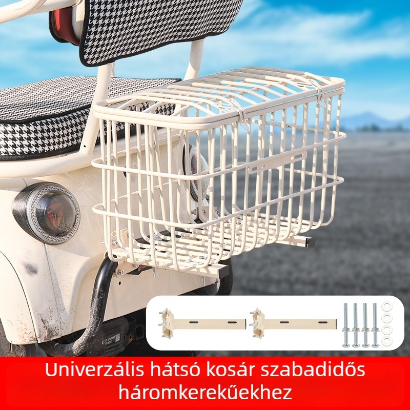 Megváltoztatott univerzális felépítésű elektromos tricikli hátsó kosara, fedéllel és tárolórekesszel