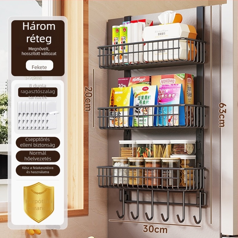 3‑szintes konyhai tároló polc, szénacél, matt felület, fúrás nélküli rögzítés, teherbírás 10 kg