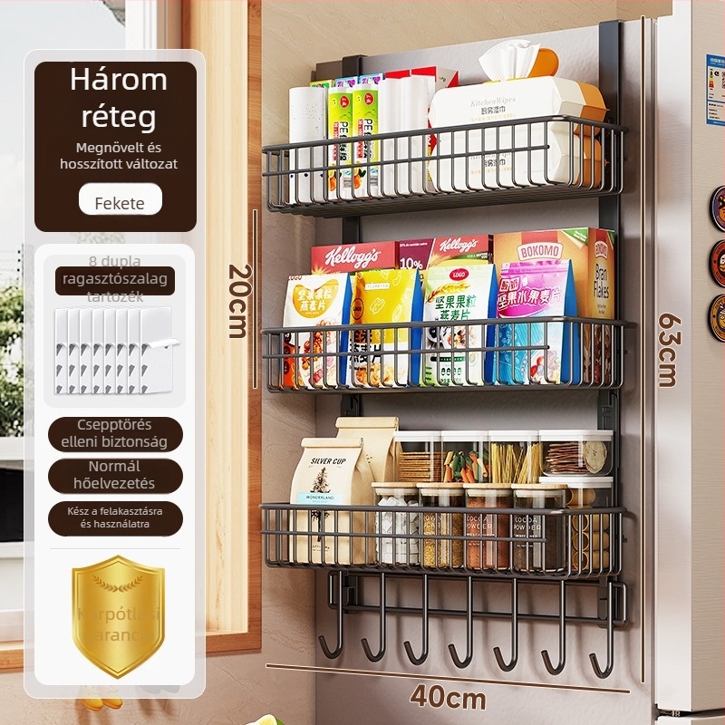 3‑szintes konyhai tároló polc, szénacél, matt felület, fúrás nélküli rögzítés, teherbírás 10 kg
