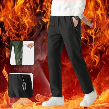 Férfi téli fleece belsővel bélelt vízálló softshell túranadrág, rugalmas anyagú, egyenes szabású, több zsebbel
