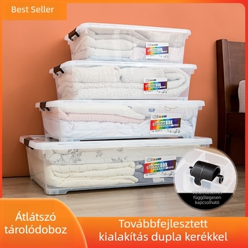 Átlátszó műanyag ágy alatti tároló doboz, 50 L, fedéllel, kerekekkel, összecsukható