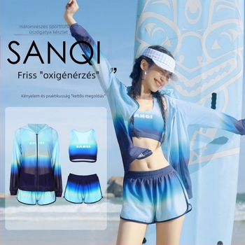 Háromrészes fürdőruha szett - hosszú ujjú, UV védelem, párnázott kosár, gradient mintázat, 82% Spandex