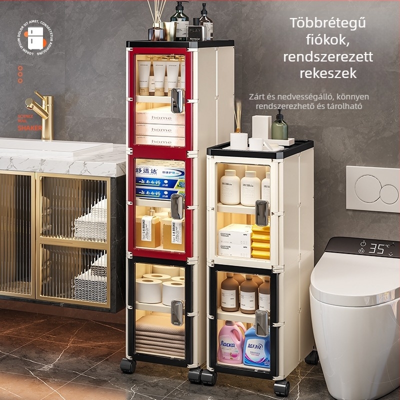 Szűk rekeszben tároló szekrény, fiókos kivitelben, nappali, fürdő és konyha számára; összecsukható, több‑szintes polc görgőkkel