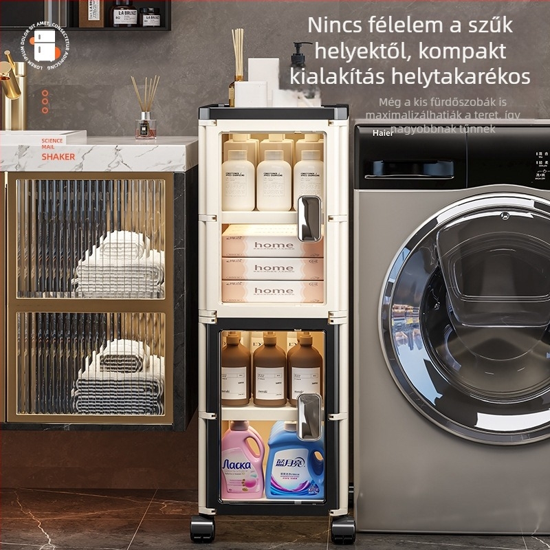 Szűk rekeszben tároló szekrény, fiókos kivitelben, nappali, fürdő és konyha számára; összecsukható, több‑szintes polc görgőkkel