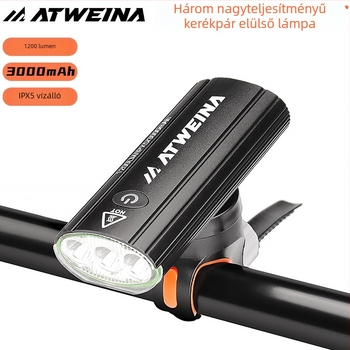 Hegyi kerékpár elülső lámpa három LED-del, vízálló, alumínium ház, 3000 mAh, USB Type-C